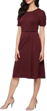 S.L. Fashions Belted Metallic Knit Short Sleeve Dress in Wine at Nordstrom Rack, Size 14