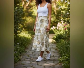 Vince Camuto Floral Midi Skirt In Gold/cream