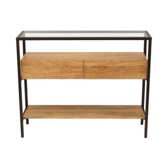Miliboo Consola De Madera Maciza De Mango Y Tablero De Cristal Con 2 Cajones 100 Cm Sita