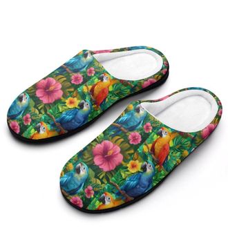 Generic Parrot Hibiscus Womens Slippers Warm House Slippers Indoor House Shoes with Anti-Skid Rubber Sole