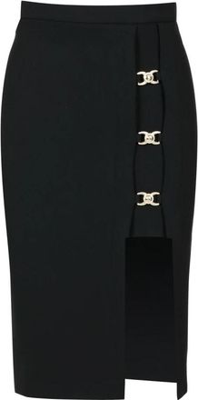 Simona Corsellini Zwarte Viscose Rok met Linkersplit en Haken - Dames - Kokerrokken - Zwart - L - Rokken