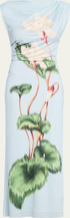 Oscar De La Renta Chinese Cyclamen-Print Draped Jersey Maxi Dress