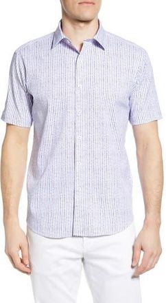 Bugatchi Shaped Fit Stripe Short Sleeve Button-Up Shirt in Air Blue at Nordstrom Rack, Size Xxx-Large
