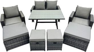 Fimous 8 Seater Wicker pe Rattan Furniture Outdoor Dining Table Double Seat Sofa 4 Stools Set Dark Grey Mixed - Fimous