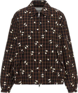 Ganni Yarn Dyed Check Flower Bomber - Dames - Zomerjassen - Bruin - Xs/S - Katoen - Jassen