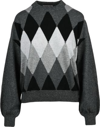 Ballantyne Classic Crew Neck Cashmere Sweater with Puff Sleeves and Argyle Pattern