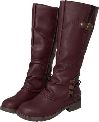 Generic Womens Retro Mid Calf Boots with Side Zipper and Buckle Strap Classic Chunky Heel Ankle Riding Boots for Casual Outfit(Red, 2.5)