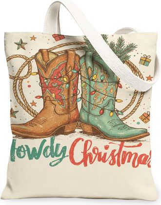 Generic Christmas Boots Canvas Tote Bags, Rustic Western Holiday Design Reusable Grocery Bags, Lightweight Washable Shoulder Strap, Beige, 13x15 Inch