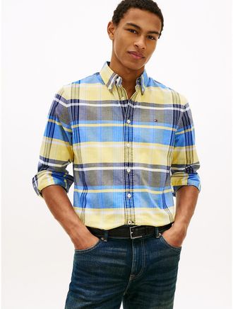 Tommy Hilfiger Mens Regular Fit Plaid Stretch Oxford Shirt - Yellow - XL