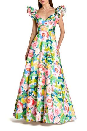 Mac Duggal Printed Mikado Ruffle Sleeve V Neck Ballgown in Blue Multi at Nordstrom, Size 14