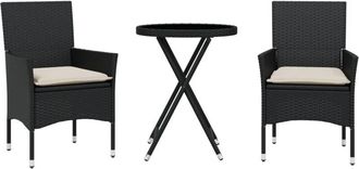 vidaXL Mesita Y Sillas Con Cojines 3 Pzas Rat&aacute;n Sint&eacute;tico Vidrio Negro Vidaxl
