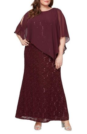 S.L. Fashions Sequin Floral Lace Dress with Capelet in Fig at Nordstrom, Size 18W