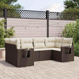 vidaXL Set Sof&aacute;s De Jard&iacute;n 6 Piezas Y Cojines Rat&aacute;n Sint&eacute;tico Marr&oacute;n Vidaxl