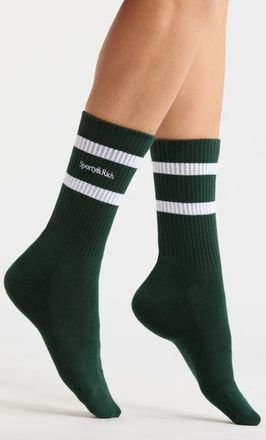 Sporty & Rich Stripe Serif Logo Embroidered Crew Socks in Forest/white at Nordstrom