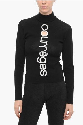 Courr&egrave;ges Turtleneck Top with Embroidered Logo and Cut-Out Detail size S