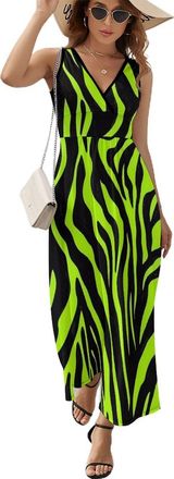 Generic Neon Green Zebra Pattern Womens Casual Dresses V-neck Sleeveless Maxi Dress Summer Beach Long Dresses 2XL