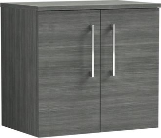 Nuie Arno Wall Hung 2-Door Vanity Unit with Worktop 600mm Wide - Anthracite Woodgrain - Nuie
