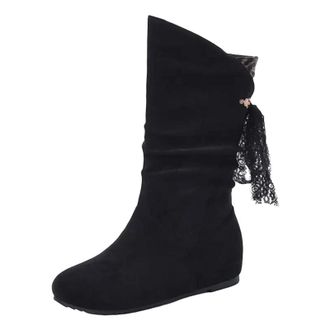 Generic Womens Mid Calf Dress Boots Round Toe Hidden Wedge Heel Slip On Design With Pleated Upper And Decorative Ribbon