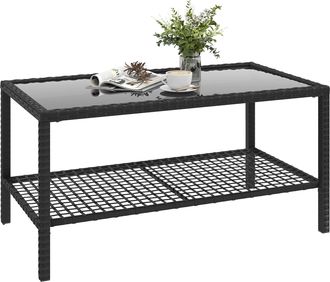 OUTSUNNY Mesa De Jard&iacute;n De Rat&aacute;n, Mesita Auxiliar Con Estante, Tablero De Vidrio Templado, Estructura De Acero, Para Terraza Patio, 92x50x45 Cm, Negro