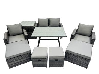 Fimous 8 Seater Outdoor Table Double Seat Sofa Side Table 4 Stools Set in Dark Grey