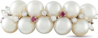 Luxury Bazaar Platinum 0.75ct Diamond, Ruby, and Pearl Brooch MF08-082526
