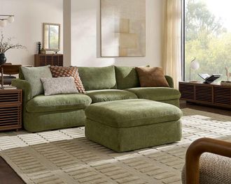 Castlery Ollie Storage Extended Sofa with Ottoman, Moss Green, Removable Covers, Gaslift Storage for Living Room