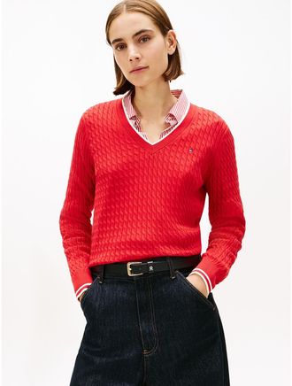 Tommy Hilfiger Womens Lightweight Cable Knit V-Neck Sweater - Red - XL