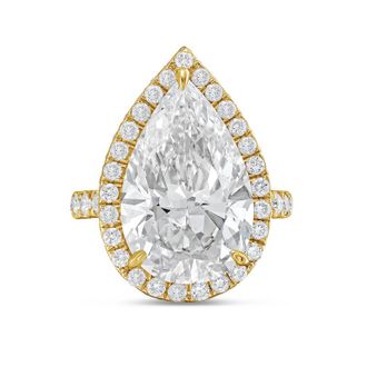 Diana M. Jewels 18kt yellow gold 5cts pear lab grown diamond halo ring with pave band