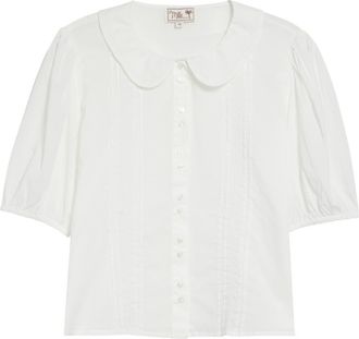 Mille Harriet Lace Detail Elbow Sleeve Cotton Button-Up Shirt in White at Nordstrom, Size X-Small