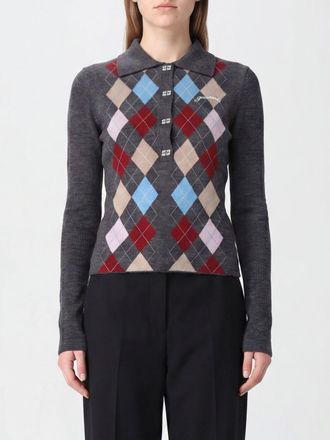 Ganni Polo slim fit in maglia di lana a rombi con maniche lunghe