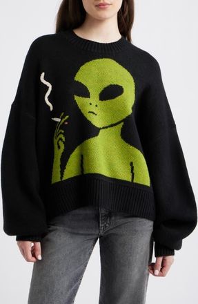 Dressed in Lala Keep Lalaland Weird Oversize Sweater in Black With Green Alien at Nordstrom, Size Small
