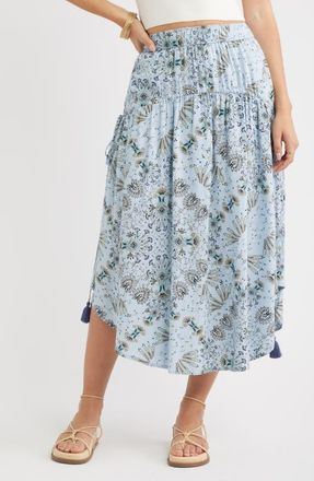 Treasure & Bond Scarf Print Drop Waist Midi Skirt in Blue- Olive Scarf Floral at Nordstrom, Size Xx-Small