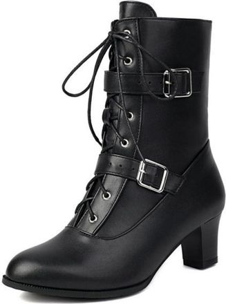 Generic Womens Punk Vintage Lace-Up Mid-Calf Boots with Buckle Detail and Chunky Heel for Work & Casual,Black,6.5 UK