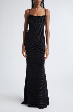 Balmain Zebra Stripe Velvet Gown in 0Pa Black at Nordstrom, Size 14 Us