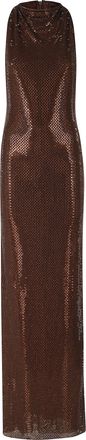 Self Portrait Brown Rhinestone Draped Racer Back Maxi Dress