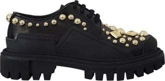 Dolce & Gabbana Black Leather Trekking Derby Embellished Womens Shoes