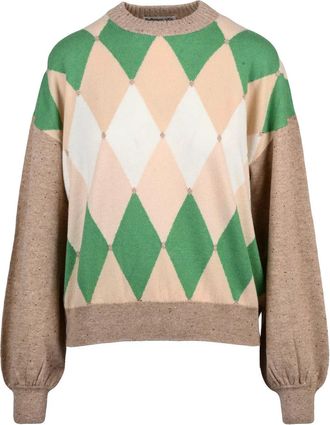 Ballantyne Crew Neck Cashmere Pullover with Puff Sleeves and Argyle Pattern