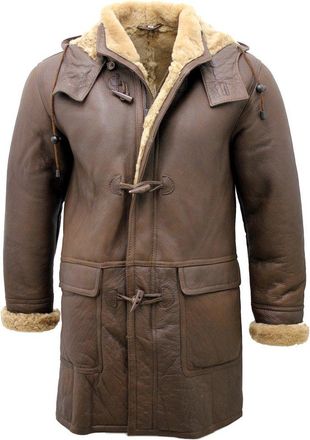 Infinity Mens Brown Sheepskin Leather Coat Removable Fleece Hood, Brown, S