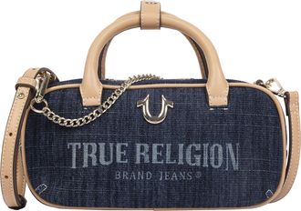 True Religion Bentley Denim & PU Mini Satchel - Womens Top Handle Crossbody Handbag with Chain Detail (Dark Denim)