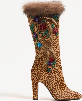 Valentino Garavani Stivale Hotty In Vitello Effetto Cavallino Con Ricamo Floreale E Pelliccia 100Mm Donna ANIMALIER 36.5