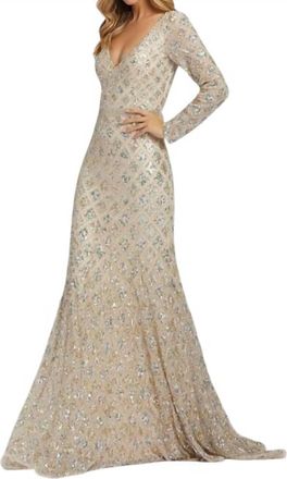 Mac Duggal Long Sleeve Embellished Dress In Nude