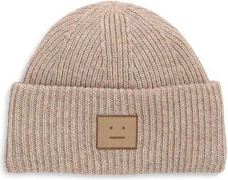 Acne Studios Pana Face Patch Wool & Yak Hair Blend Rib Beanie in Greige Melange at Nordstrom