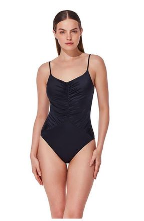 Gottex Mademoiselle V Neck Ruched One Piece in Black at Nordstrom, Size 16
