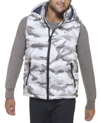 Tommy Hilfiger Mens Hooded Puffer Vest, White Camouflage, M