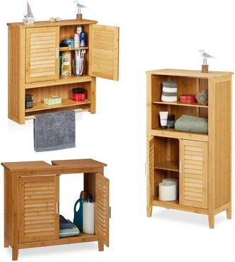 Relaxdays Juego De 3 Piezas De Ba&ntilde;o Lamell, Mueble Bajo Lavabo, Armario De Ba&ntilde;o Con Puertas, Armario Colgante Con Toallero, Bamb&uacute;