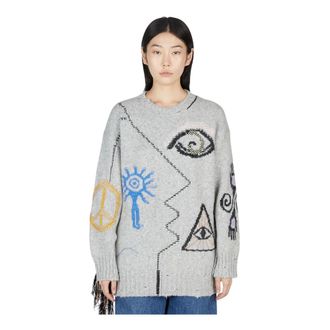 Stella McCartney Stella McCartney, Round-neck Knitwear, female, Gray, Size: M Folklore Embroidery Sweater