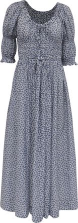 D&ocirc;en Doen Ischia Shirred Floral-Print Midi Dress in Blue Cotton