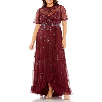 Mac Duggal High Neck Puff Short Sleeve Embellished Faux Wrap in Bordeaux at Nordstrom, Size 16W