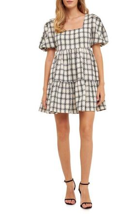English Factory Gingham Puff Sleeve Tweed Minidress in White at Nordstrom, Size X-Small