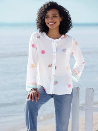 Heine Druckbluse HEINE, Damen, Gr. 34, wei&szlig;, flamingo, bedruckt, 100% Baumwolle, bedruckt, gemustert, mehrfarbig, Rundhals, Blusen Druckbluse